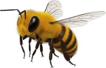 Detailed 3D rendering of a fuzzy bumblebee with black striped abdomen and translucent wings facing slightly left insect yellow stripes compound eye antennae legs arthropod transparent background