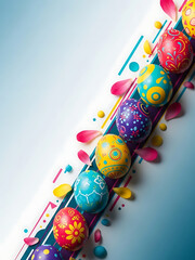 Colorful decorated Easter eggs arranged on pastel background  