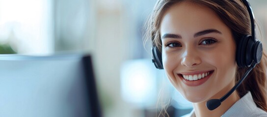 Friendly customer support agent wearing headset in modern call center workspace, ideal for customer service, technical support, help desk communication, and business assistance use