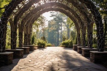 Obraz premium Natural archway forming a covered stone path leading into a lush green garden with sunlight