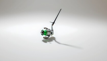 A solitary green robot cleaning machine in the center of a white room, standing upright as it performs its task.