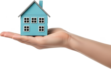 A light blue miniature house with grey roof and white framed windows rests gently on an open human palm home property real estate ownership hand housing building model dwelling transparent background