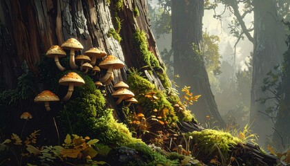 Cluster of golden mushrooms growing on mossy forest tree in misty sunlight