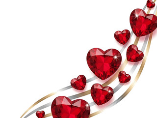 Red heart-shaped gems arranged in a flowing design on white background  