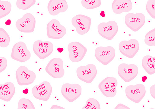 Seamless pattern with sweet heart candy. Sweetheart candies background, conversation sweets for valentines day, valentine sugar food hearts. Heart shape message letter candy background