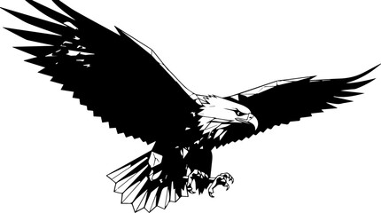 Fototapeta premium Modern Low Poly Geometric Bald Eagle Illustration, Stylized Majestic Bird of Prey Landing Pose with Spread Wings