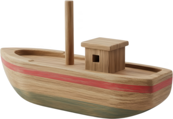 Detailed wooden toy fishing boat with mast cabin and red and green hull stripes sits ready for imaginative play wooden toy boat toy boat childs toy maritime nautical toy ship transparent background