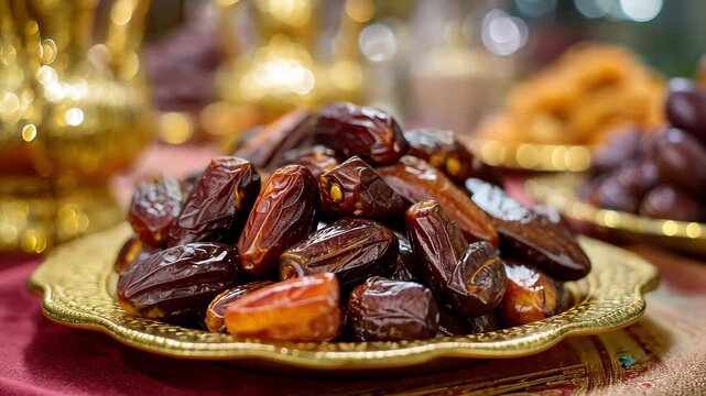 A close-up shot of dark brown dates piled high on a decorative golden plate