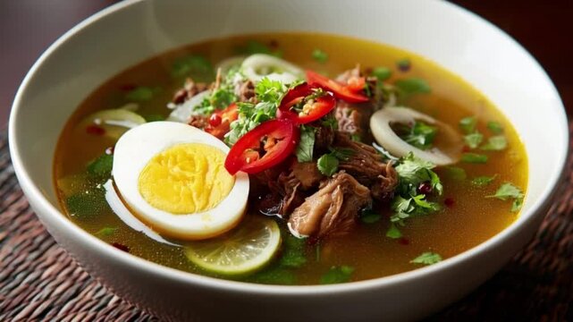 Steaming Hot Beef Noodle Soup with Egg and Chili.