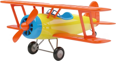 Brightly colored yellow and orange toy biplane with blue accents and detailed propeller and wheels airplane vintage retro classic aviation transport flight aircraft playful transparent background