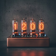 Retro Nixie Tube Clock Displaying 1200 with Glowing Orange Digits on a Copper Base Against a Dark Textured Wall.