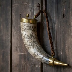 Vintage Carved Powder Horn with Hunting Scene and Brass Fittings Hanging on Rustic Wooden Wall
