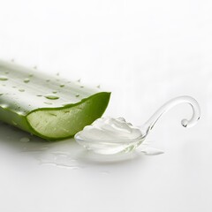 Freshly cut aloe vera leaf with water droplets next to a glass spoon filled with clear aloe vera gel on a clean white background, emphasizing natural skincare and purity.