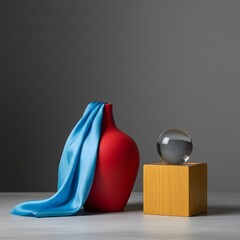 Minimalist Still Life with Red Vase, Blue Silk Fabric, Wooden Cube, and Glass Sphere on Grey Background