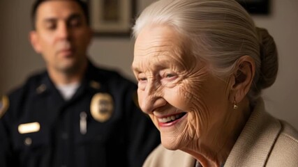 An elderly Caucasian woman engaging in conversation with a police officer in a warm, domestic setting, highlighting themes of community support and safety.