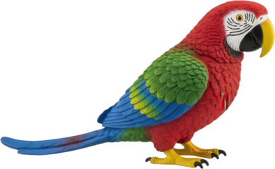 A vividly colored realistic toy parrot with red green blue and yellow plumage featuring detailed feather textures and a bright yellow beak 179 characters bird colorful replica transparent background