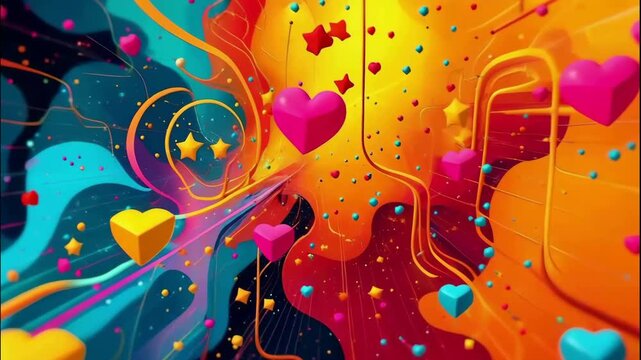 The images depict a vibrant, dynamic abstract scene filled with colorful geometric shapes, swirling lines, and flowing patterns