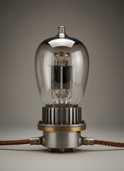 Vintage Vacuum Tube with Braided Copper Cables and Metal Base on Neutral Background