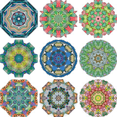 Set of colorful cute Mandalas. Decorative unusual round ornaments.