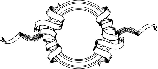 Elegant circular frame with flowing vintage ribbons, ideal for invitations, logos, or personalized designs offering a touch of classic charm and creativity © Muhammad