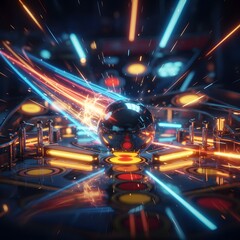 Futuristic Pinball Game with Glowing Neon Lights and Dynamic Energy Trails