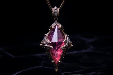 Ornate gothic pendant featuring a vibrant pink crystal set in antique metal
