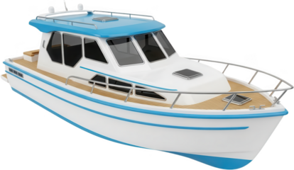 Modern white motor yacht with blue trim and wooden deck featuring large windows and chrome railings showcasing sleek nautical design boat watercraft vessel transport travel transparent background