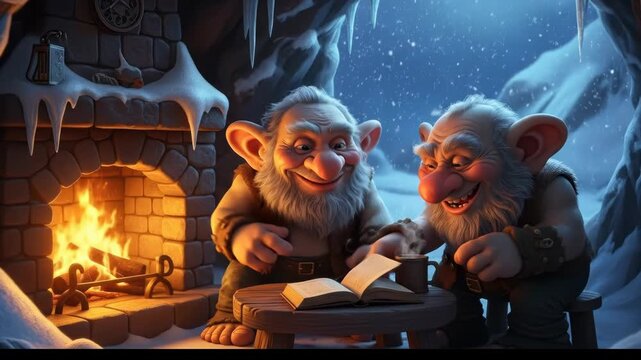 Two happy trolls laughing by a warm fireplace during a winter snowfall.