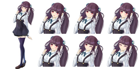 可愛いツインテールの女子高生キャラの立ち絵素材 - 表情差分喜怒哀楽