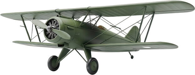 A detailed vintage green biplane aircraft with double wings and a prominent propeller depicted from a front three quarter view airplane antique aviation retro historical classic transparent background