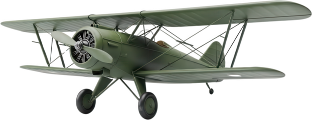 A detailed vintage green biplane aircraft with double wings and a prominent propeller depicted from a front three quarter view airplane antique aviation retro historical classic transparent background