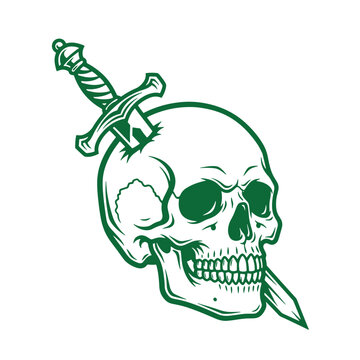 green skull with dagger through head isolated on transparent background