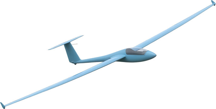 A light blue glider airplane with a clear canopy and long wings is depicted from a three quarter side view against an empty space aviation aircraft sky transport travel leisure transparent background