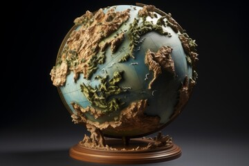 Relief globe displaying continents with mountains and detailed geographic cartography on a dark background