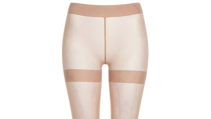 Close-up of beige thigh high compression stockings on white background.