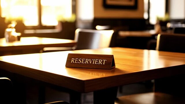 A Wooden Sign Displaying 'Reserviert' on a Polished Restaurant Table in a Warmly Lit Dining Area, Indicating a Reserved Seating Arrangement
