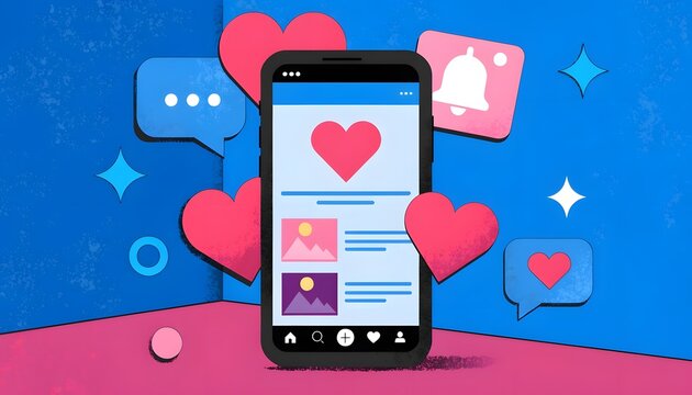 Smartphone with social media notifications and hearts - Powered by Adobe