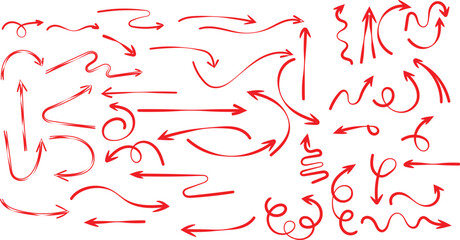 Collection of various hand drawn red arrows and squiggly pointing indicators illustrating direction and choice on a white background.