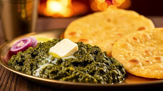 Delicious Indian Meal: Freshly Made Sarson da Saag with Butter and Crispy Makki di Roti Served on a Bronze Platter in a Cozy Setting