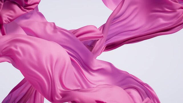 Abstract minimalist fashion 3D animation. Pink fabric flutters and waves, isolated on a white background. The elegant drapery undulates slowly. Silky cloth flows in slow motion