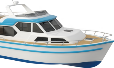 Modern white motor yacht with blue trim and wooden deck featuring a contemporary design for leisure cruising on water boat watercraft vessel marine nautical travel transport transparent background