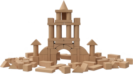 Wooden Building Blocks Castle with Tower and Archway Design, Classic Construction Toy Structure Made of Natural Wood, Creative Architecture Concept for Imagination, Strategy, Learning.