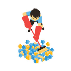 Fototapeta premium A diligent person wearing red gloves is actively sweeping a vibrant pile of blue and yellow building blocks with a broom, illustrating the importance of maintaining a clean and tidy environment.