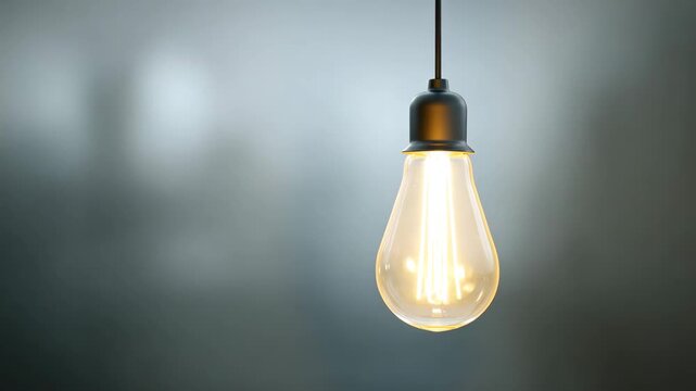 A single light bulb glowing brightly, showcasing an idea, innovation or creative concept. Its design exudes simplicity, innovation, and elegance. The bright bulb is suspended by a sleek black wire
