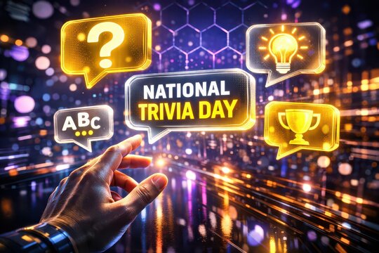 Hand Interacting with Digital Trivia Interface in Futuristic City - Powered by Adobe