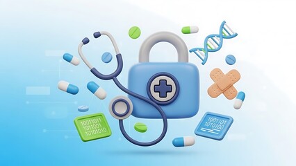Secure medical data protection with lock and health icons