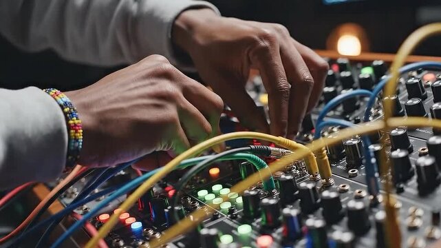 Close Up of Hands Connecting Patch Cables on Modular Analog Synthesizer