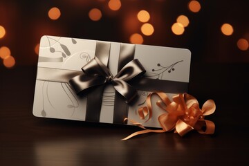 Gift card with decorative ribbon and bow sitting on a table with warm bokeh lights