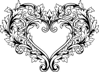 Elegant floral heart design with intricate leaf details, perfect for wedding invitations, Valentine's Day cards, and romantic designs with a vintage feel