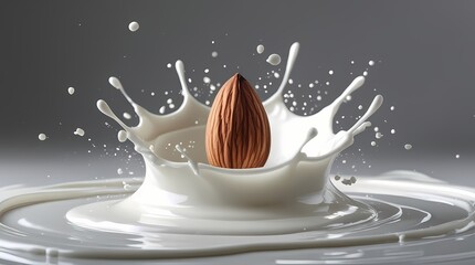 Minimalist almond nut falling into milk splash with copy space 2026